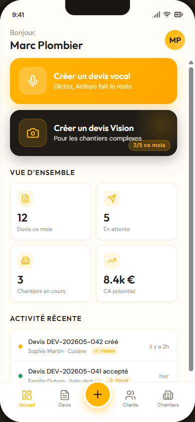 Votre activité en un coup d’œil — Artisyo, outils de gestion web pour artisans sur mobile