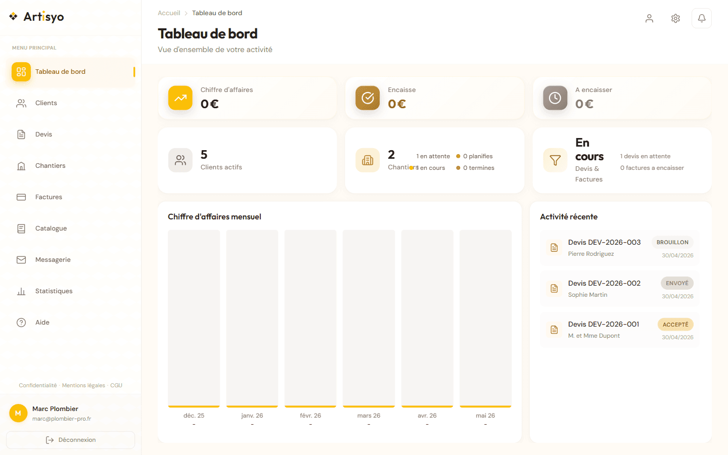 Pilotez votre activité — Outil de gestion web Artisyo pour artisans (facturation, planning, clients)